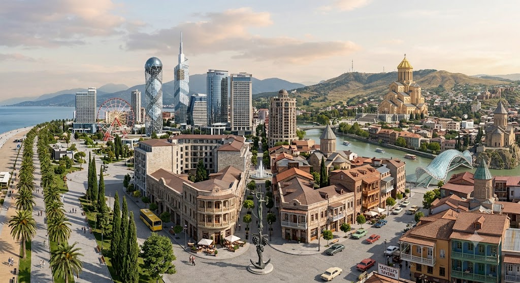 Batumi seafront and Tbilisi old town in one panorama